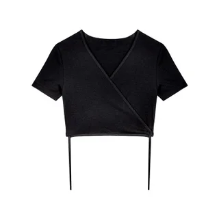 High Waist Short Cropped Navel Design Style V-neck Black Short-sleeved T-shirt - Black