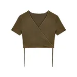 High Waist Short Cropped Navel Design Style V-neck Black Short-sleeved T-shirt - Green