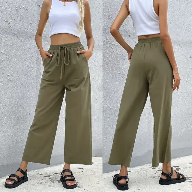 Cotton Drawstring Loose Solid Color Cotton Cropped Wide leg Pants Army Green - Shop at LoveMi