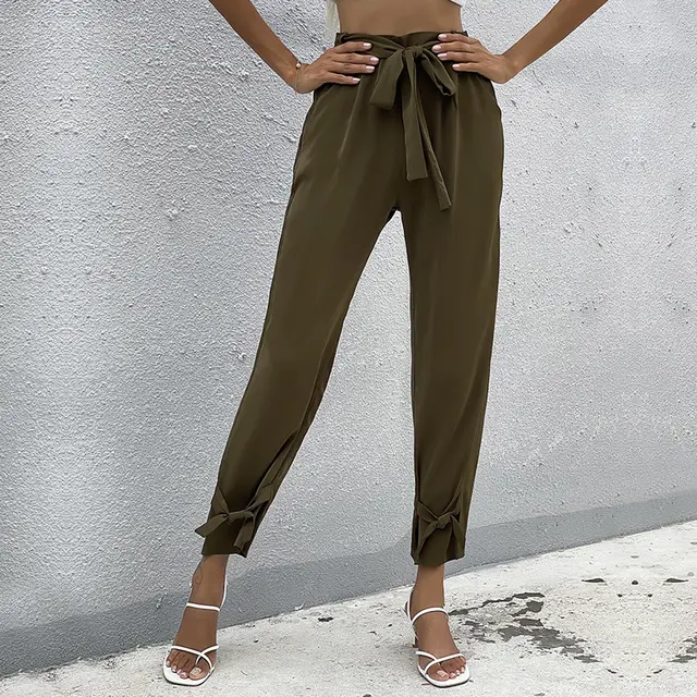 Temperament Casual Solid Color With Lace European And American Nine Point Pants Women Green - Shop at LoveMi