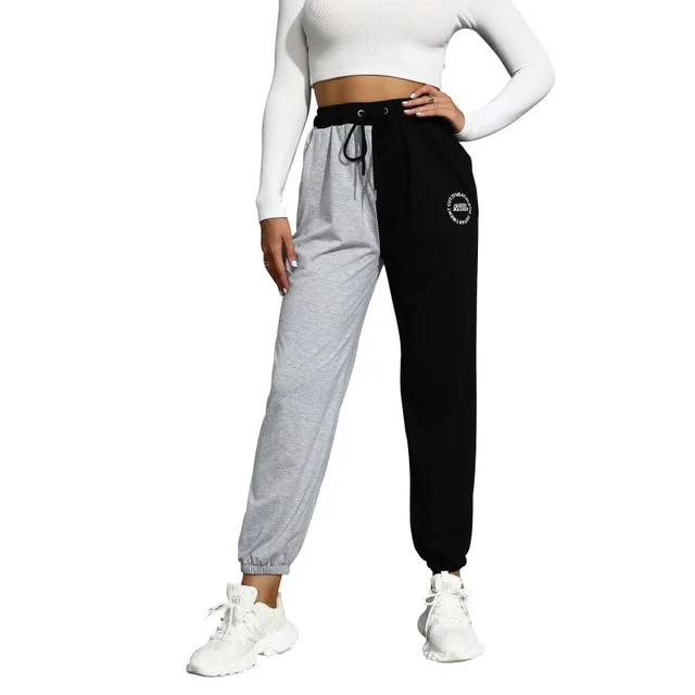 Stitching Contrast Color Drawstring Pencil Pants Black And Gray - Shop at LoveMi