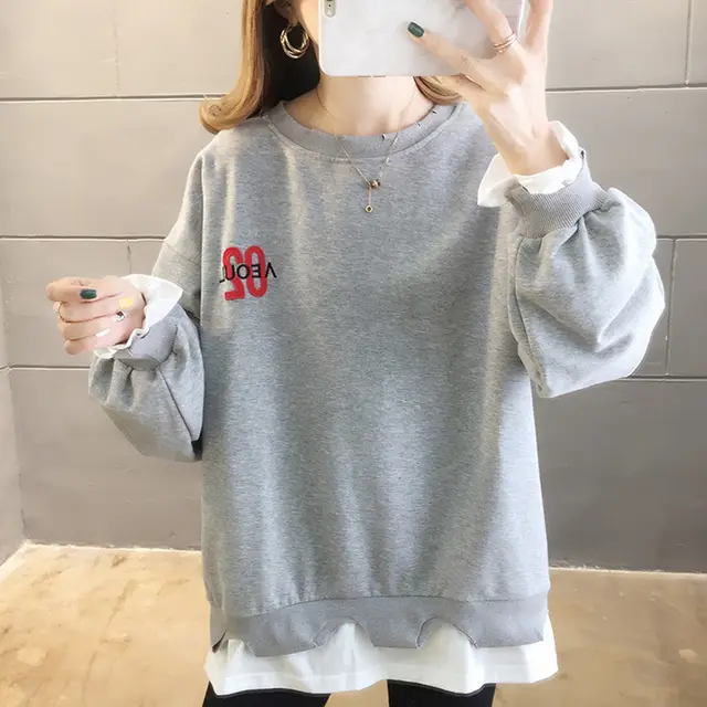 Fake Two piece Sweater Women Korean Style Loose Thin Section Grey - Shop at LoveMi