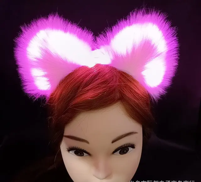 Glowing Cat Ears Headband Plush Cute Hairpin Halloween Hair Accessories Pink - Shop at LoveMi