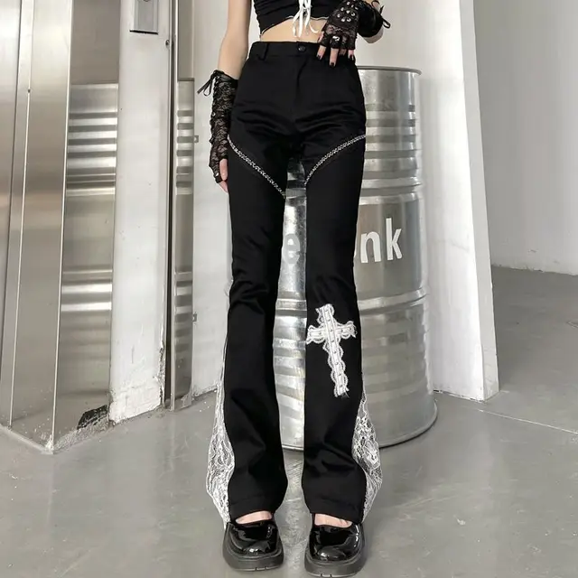 Dark Cross Lace Rivet Decoration Stitching Flared Pants Super Thin And High Waist Black - Shop at LoveMi