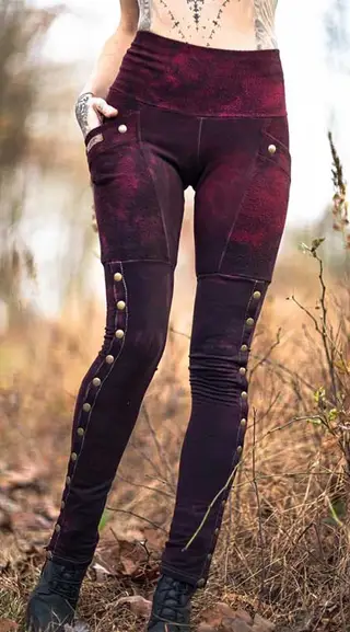 Womens Printed Buttoned Soldier Leggings Panelled Pants - Wine Red