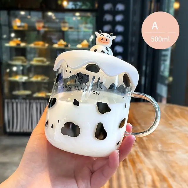 Glass Cup With Lid Large Capacity Office Water Cup Female Cute Girl Heart - Cow Type A500Ml - View 1