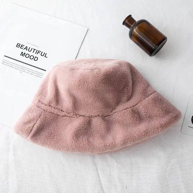 Faux Rabbit Fur Fisherman Hat Warm Pure Color Ear Protection Plush Pink - Shop at LoveMi