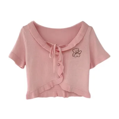 Cute Bear Embroidered Ruffled Soft Knitted Short sleeved Crop Top Pink - Shop at LoveMi