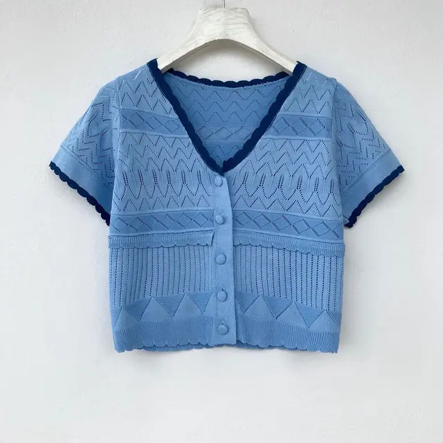 Knitted Short sleeved T shirt Cut Out Jacquard Short Top Blue - Shop at LoveMi