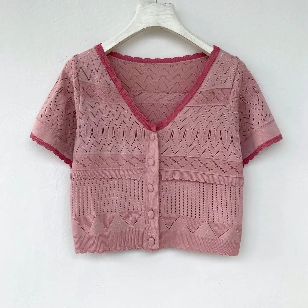 Knitted Short-sleeved T-shirt Cut Out Jacquard Short Top - Pink