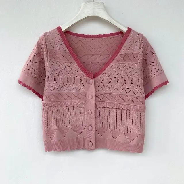 Knitted Short sleeved T shirt Cut Out Jacquard Short Top Pink - Shop at LoveMi