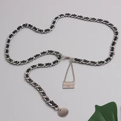 Metal Leather Braided Chain Mini Pendant Waist Black Silver - Shop at LoveMi