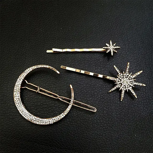 Retro Geometric Diamond Moon Snowflake Star Hairpin Set Word Clip Triangle Set - Shop at LoveMi