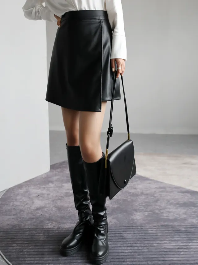 High Waist Pu Leather A line Small Leather Skirt Wrapped Hip Skirt Female Split Short Skirt Black - Shop at LoveMi