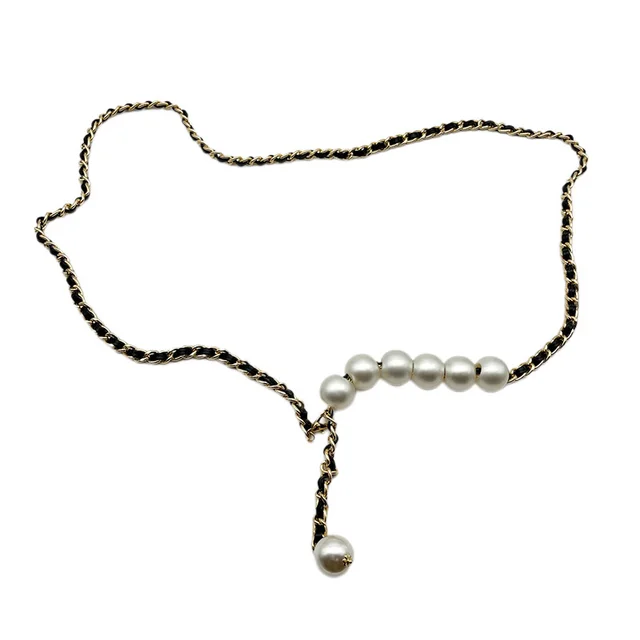 Elegant And Fashionable Pearl Metal Braided Waist Chain Belt Gold - Shop at LoveMi