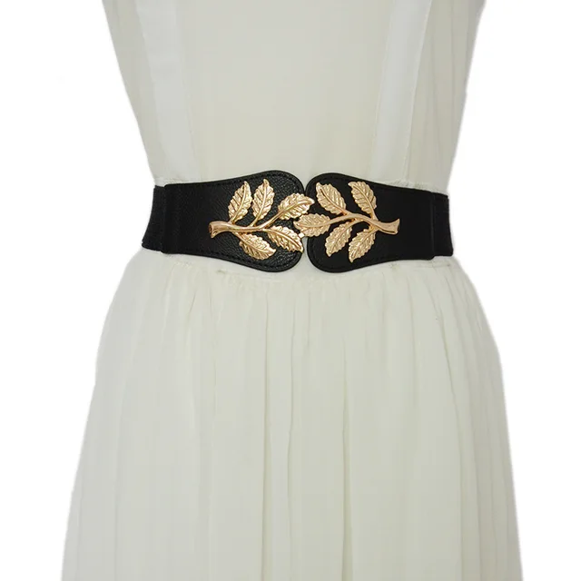 Ladies Allmatch Decorative Leaf Elastic Elastic Waistband Black - Shop at LoveMi