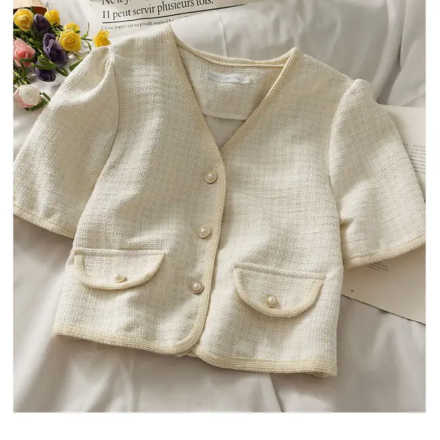 Fashion Ladies Plaid Bound Single breasted Cropped Top Apricot - Shop at LoveMi