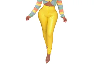 Leather Pants High Elasticity Plus Velvet Thickened PU Leather - Yellow