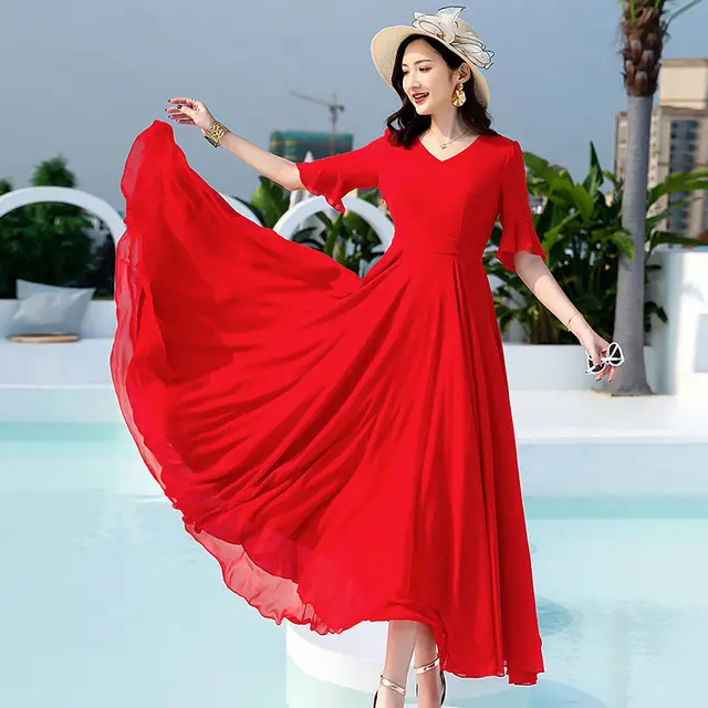 Over the knee Holiday Beach Plus Size Long Skirt Red - Shop at LoveMi