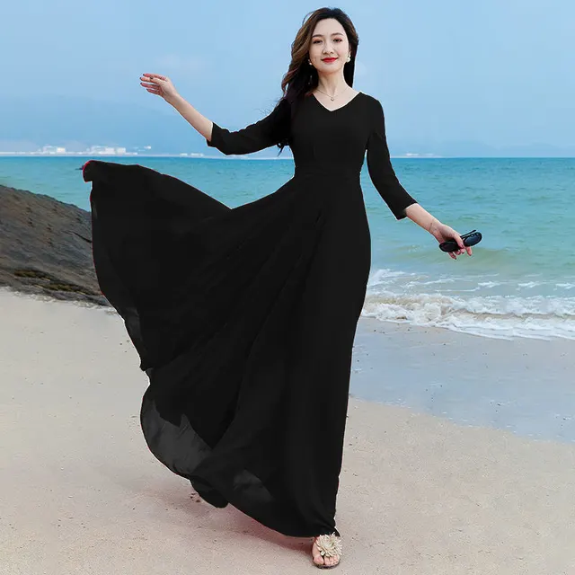 Long Beach Dress With Big Swing Shows Slim And Self cultivation Temperament Black - Shop at LoveMi