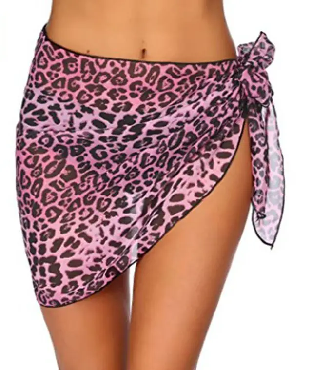 Women's Short Sarong Tulle Chiffon Blouse Swimsuit Blouse Triangle Scarf Pink Leopard - Shop at LoveMi
