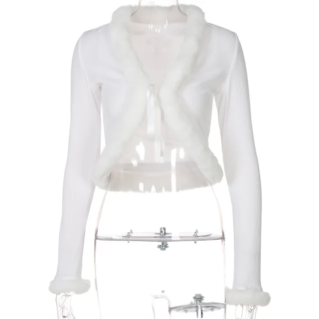 Solid Color Plush Lace up Cardigan Long sleeved Top White - Shop at LoveMi
