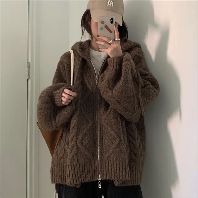 Hooded Twist Knit Cardigan Sweater Coat Coffee - Shop at LoveMi