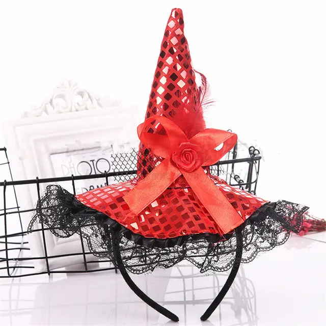 Halloween Decoration Witch Hat Headband, Masquerade Show Lace Sequin Hat Headband Red - Shop at LoveMi