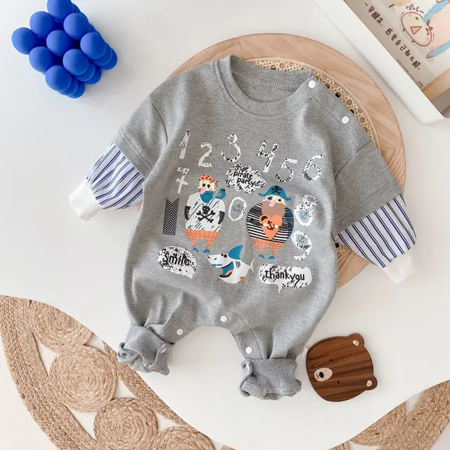 Boy Cartoon Fake Two piece Cute Jumpsuit Climbing Suit Grey - Shop at LoveMi