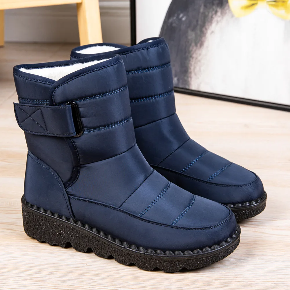 Winter Fabric Casual Cotton Shoes Mid-tube Artificial Wool Plus Velvet Thick Snow Boots - Blue