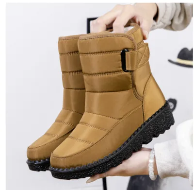 Winter Fabric Casual Cotton Shoes Mid tube Artificial Wool Plus Velvet Thick Snow Boots Khaki - Shop at LoveMi
