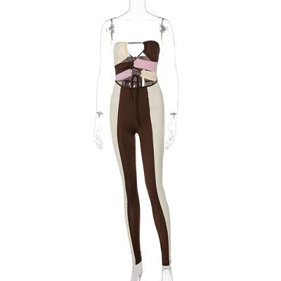 Contrasting Color Sleeveless Backless Lace up Tights Brown - Shop at LoveMi