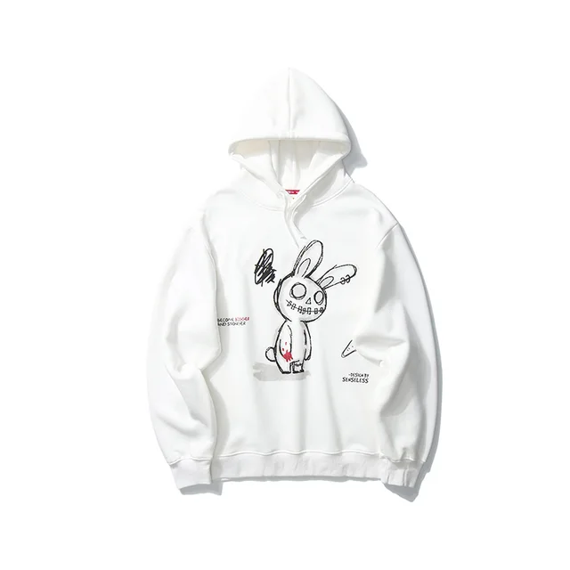 Design Sense Graffiti Rabbit Print Women's Hooded Plus Fleece Sweater White - Shop at LoveMi