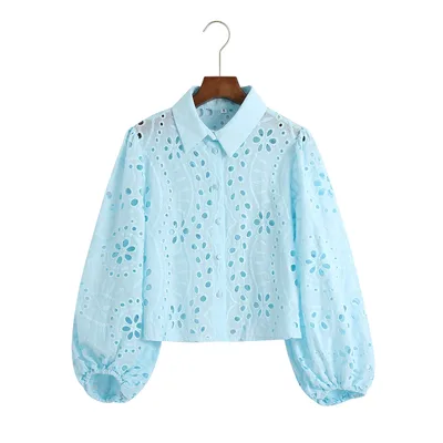 Women's Solid Color Cutout Embroidery Shirt Top Blue - Shop at LoveMi