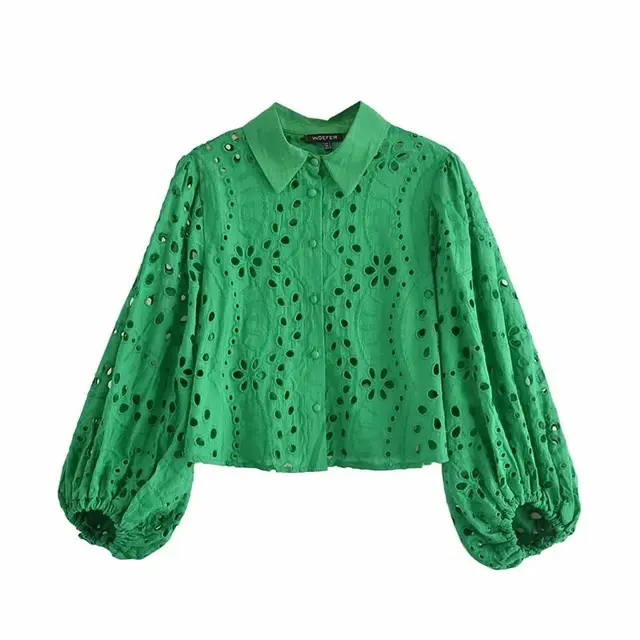 Women's Solid Color Cutout Embroidery Shirt Top Green - Shop at LoveMi