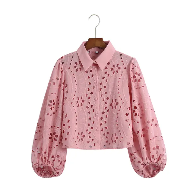 Women's Solid Color Cutout Embroidery Shirt Top Pink - Shop at LoveMi