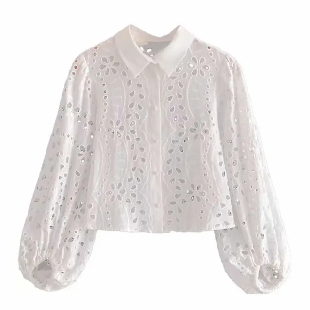 Women's Solid Color Cutout Embroidery Shirt Top White - Shop at LoveMi