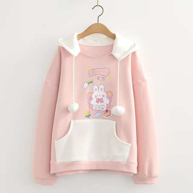 Student Sweet Plus Velvet Sweater Women's Hooded Fur Ball Print Cartoon Rabbit Pink - Shop at LoveMi