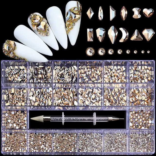 21 Grid Boxed Nail Rhinestone Flat Glass Nail Rhinestone Jewelry Set Champagne - Shop at LoveMi