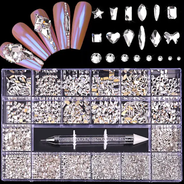 21 Grid Boxed Nail Rhinestone Flat Glass Nail Rhinestone Jewelry Set White Diamond - Shop at LoveMi