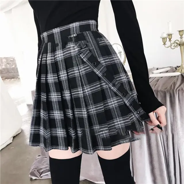 Plaid High Waist Chiffon Dress, Strap Print College Style Black - Shop at LoveMi