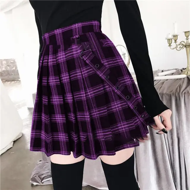 Plaid High Waist Chiffon Dress, Strap Print College Style Purple - Shop at LoveMi