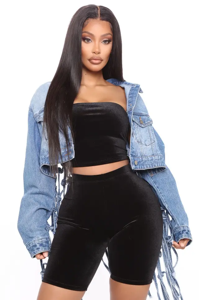 Fashion Ladies Mesh Fringed Denim Jacket Light Blue - Shop at LoveMi