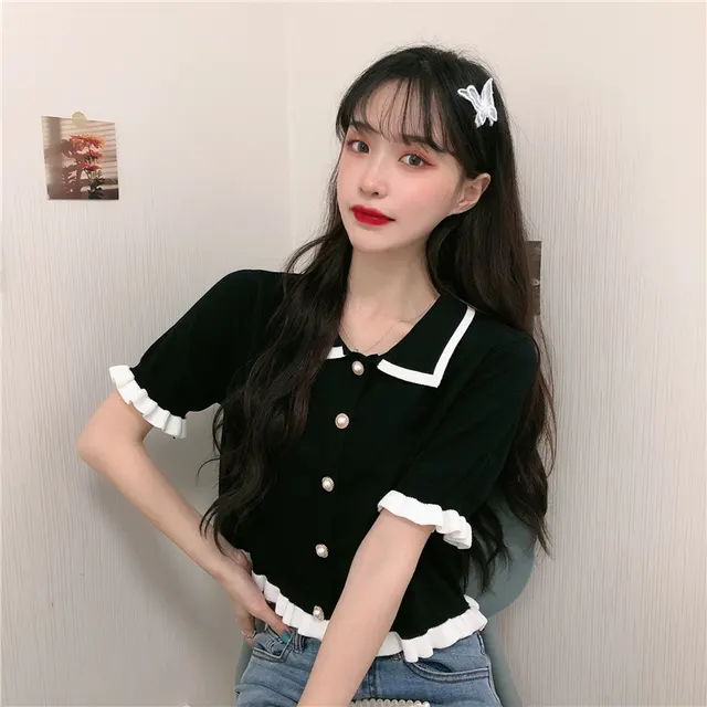 Summer Clothes Knitted Doll Collar Crop Top Black - Shop at LoveMi