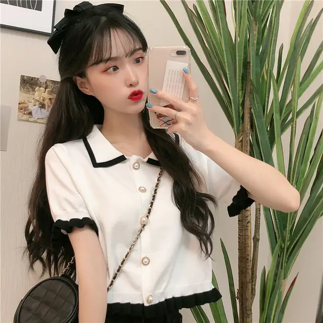 Summer Clothes Knitted Doll Collar Crop Top White - Shop at LoveMi