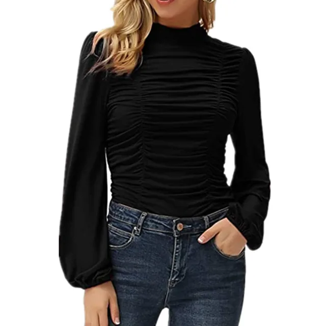 Women's Solid Color Long Lantern Sleeve High Neck T shirt Black - Shop at LoveMi