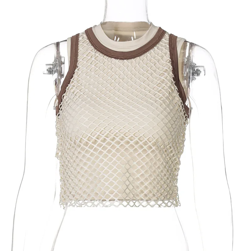 Two-piece T-shirt With Personalized Hollow Mesh Vest - Apricot