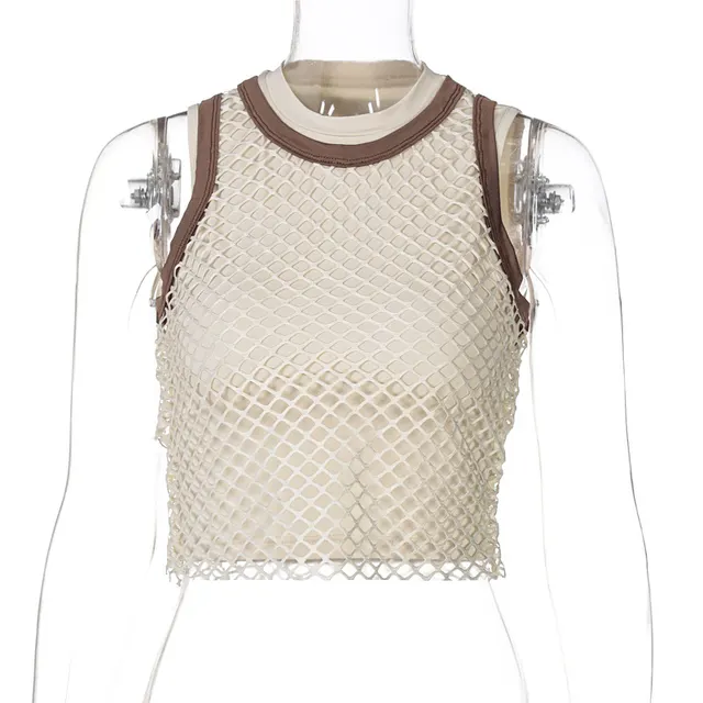 Two piece T shirt With Personalized Hollow Mesh Vest Apricot - Shop at LoveMi