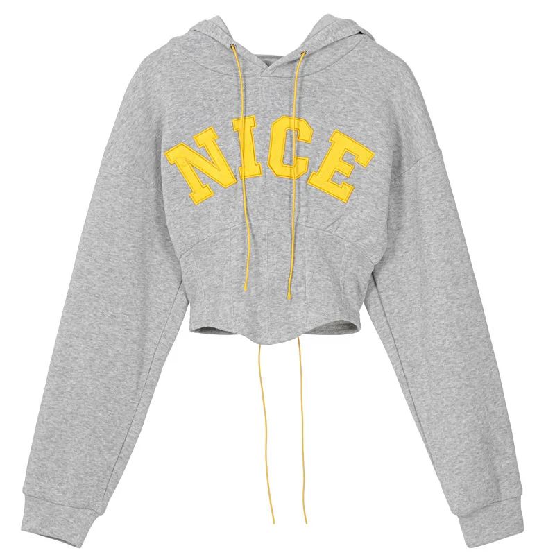 Fashion Letter Embroidered Long Sleeve Hoodie Grey - Shop at LoveMi