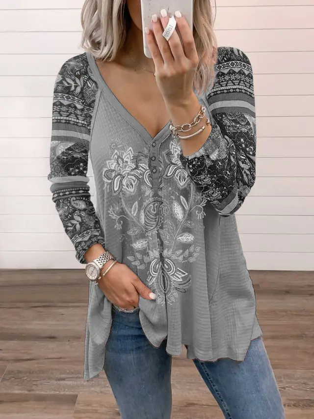V neck Pullover Print Long sleeved Loose T shirt Women's Top Grey - Shop at LoveMi